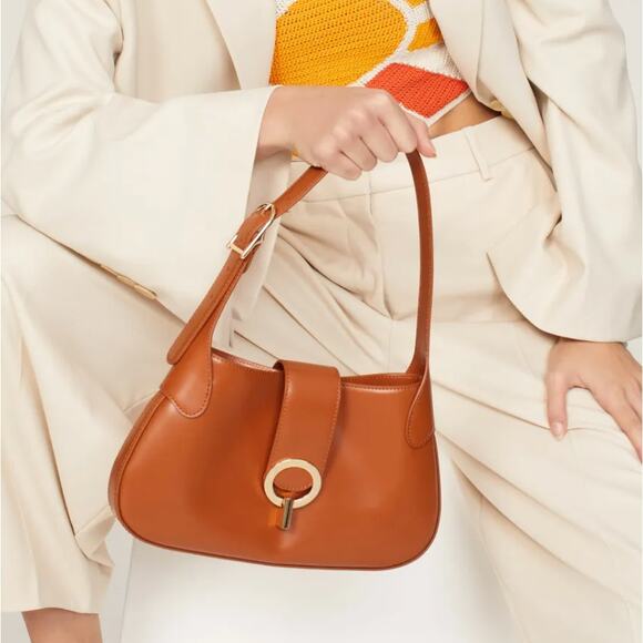 Sandro Brown Shiny Leather Shoulder Bag Structured Designer Logo 11x6x1 $425 - Picture 2 of 9